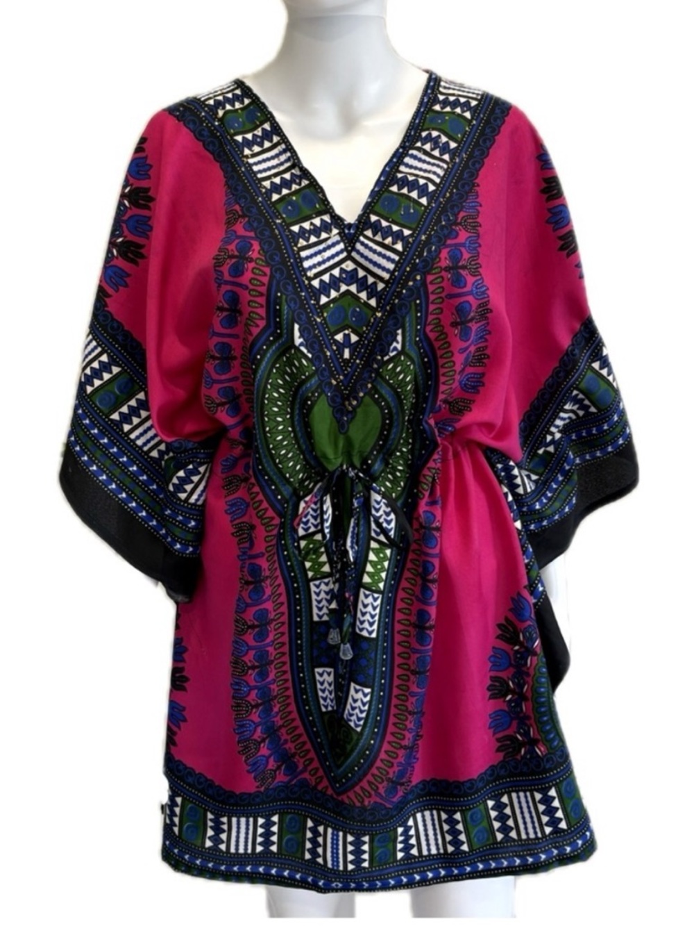 California Woman Aztec Border Patterned Caftan Beach Cover Up Drawstring Waist
